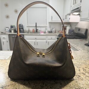LV Monogram Canvas Brown Shoulder Hobo with Tan Strap